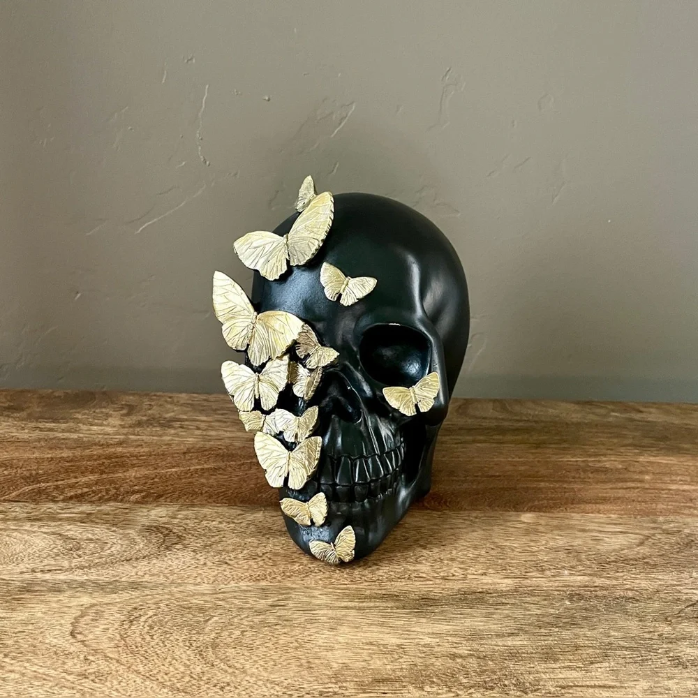Black Skeleton Skull Gold Metal Butterflies Dark Coquette Glam Gilded Halloween